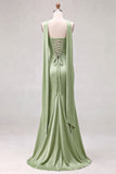 Mermaid Sage Strapless Corset Ruched Long Bridesmaid Dress with Lace Up Back