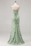 Mermaid Sage Strapless Corset Ruched Long Bridesmaid Dress with Lace Up Back