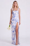 Mermaid Sage Square Neck Ruched Lace Up Back Long Bridesmaid Dress with Slit