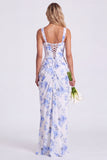 Mermaid Sage Square Neck Ruched Lace Up Back Long Bridesmaid Dress with Slit