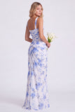 Mermaid Sage Square Neck Ruched Lace Up Back Long Bridesmaid Dress with Slit