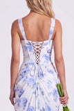 Mermaid Sage Square Neck Ruched Lace Up Back Long Bridesmaid Dress with Slit
