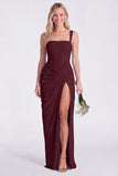 Mermaid Sage Square Neck Ruched Lace Up Back Long Bridesmaid Dress with Slit