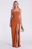 Mermaid Sage Square Neck Ruched Lace Up Back Long Bridesmaid Dress with Slit
