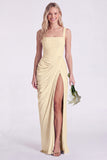 Mermaid Sage Square Neck Ruched Lace Up Back Long Bridesmaid Dress with Slit