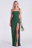 Mermaid Sage Square Neck Ruched Lace Up Back Long Bridesmaid Dress with Slit