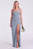 Mermaid Sage Square Neck Ruched Lace Up Back Long Bridesmaid Dress with Slit