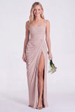Mermaid Sage Square Neck Ruched Lace Up Back Long Bridesmaid Dress with Slit