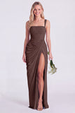 Mermaid Sage Square Neck Ruched Lace Up Back Long Bridesmaid Dress with Slit