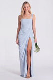 Mermaid Sage Square Neck Ruched Lace Up Back Long Bridesmaid Dress with Slit