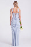 Mermaid Sage Square Neck Ruched Lace Up Back Long Bridesmaid Dress with Slit