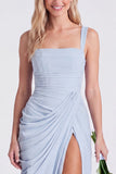 Mermaid Sage Square Neck Ruched Lace Up Back Long Bridesmaid Dress with Slit