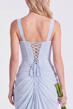 Mermaid Sage Square Neck Ruched Lace Up Back Long Bridesmaid Dress with Slit