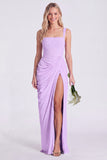 Mermaid Sage Square Neck Ruched Lace Up Back Long Bridesmaid Dress with Slit