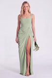 Mermaid Sage Square Neck Ruched Lace Up Back Long Bridesmaid Dress with Slit
