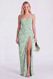 Mermaid Sage Square Neck Ruched Lace Up Back Long Bridesmaid Dress with Slit