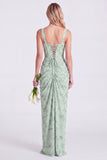 Mermaid Sage Square Neck Ruched Lace Up Back Long Bridesmaid Dress with Slit