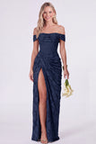Sage Off the Shoulder Corset Floral Mermaid Ruched Long Bridesmaid Dress with Slit