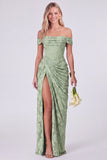 Sage Off the Shoulder Corset Floral Mermaid Ruched Long Bridesmaid Dress with Slit