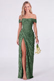 Sage Off the Shoulder Corset Floral Mermaid Ruched Long Bridesmaid Dress with Slit