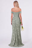 Sage Off the Shoulder Corset Floral Mermaid Ruched Long Bridesmaid Dress with Slit