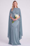 Light Blue Satin Mermaid Spaghetti Straps Long Bridesmaid Dress with Cape