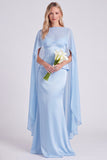 Light Blue Satin Mermaid Spaghetti Straps Long Bridesmaid Dress with Cape