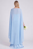 Light Blue Satin Mermaid Spaghetti Straps Long Bridesmaid Dress with Cape