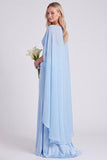 Light Blue Satin Mermaid Spaghetti Straps Long Bridesmaid Dress with Cape