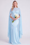 Light Blue Satin Mermaid Spaghetti Straps Long Bridesmaid Dress with Cape