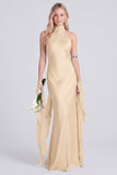 Pink Halter Neck Satin Mermaid Long Bridesmaid Dress