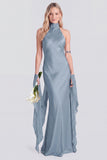 Pink Halter Neck Satin Mermaid Long Bridesmaid Dress