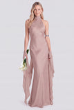 Pink Halter Neck Satin Mermaid Long Bridesmaid Dress