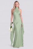Pink Halter Neck Satin Mermaid Long Bridesmaid Dress