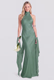 Pink Halter Neck Satin Mermaid Long Bridesmaid Dress