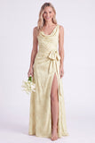 Pink Flower Cowl Neck A-Line Belt Long Bridesmaid Dress with Slit