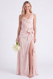 Pink Flower Cowl Neck A-Line Belt Long Bridesmaid Dress with Slit