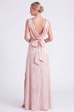 Pink Flower Cowl Neck A-Line Belt Long Bridesmaid Dress with Slit