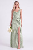 Pink Flower Cowl Neck A-Line Belt Long Bridesmaid Dress with Slit