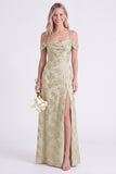 Pink Cold Shoulder Floral Ruched A-Line Lace Up Back Long Bridesmaid Dress with Slit