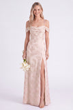 Pink Cold Shoulder Floral Ruched A-Line Lace Up Back Long Bridesmaid Dress with Slit