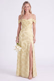 Pink Cold Shoulder Floral Ruched A-Line Lace Up Back Long Bridesmaid Dress with Slit