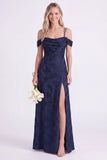 Pink Cold Shoulder Floral Ruched A-Line Lace Up Back Long Bridesmaid Dress with Slit