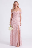 Pink Cold Shoulder Floral Ruched A-Line Lace Up Back Long Bridesmaid Dress with Slit