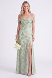 Pink Cold Shoulder Floral Ruched A-Line Lace Up Back Long Bridesmaid Dress with Slit