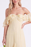 Off the Shoulder Daffodil Chiffon Ruffled Long Bridesmaid Dress