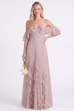 Off the Shoulder Daffodil Chiffon Ruffled Long Bridesmaid Dress