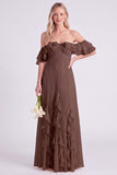 Off the Shoulder Daffodil Chiffon Ruffled Long Bridesmaid Dress