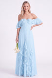 Off the Shoulder Daffodil Chiffon Ruffled Long Bridesmaid Dress