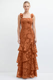 Eucalyptus Mermaid Square Neck Floral Tiered Long Bridesmaid Dress